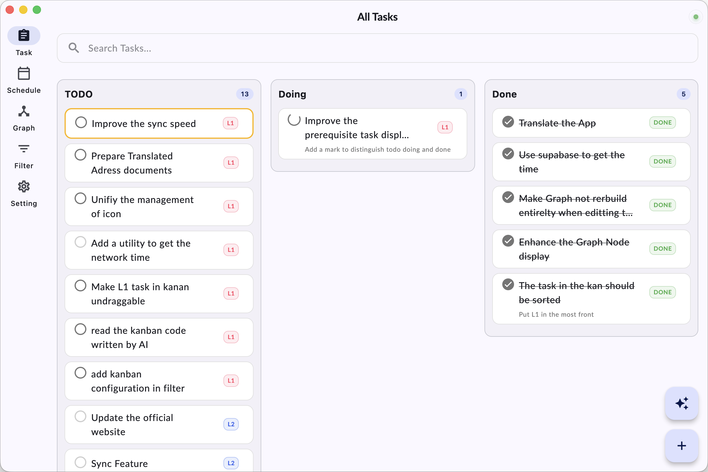 Smartodo overview Kanban board